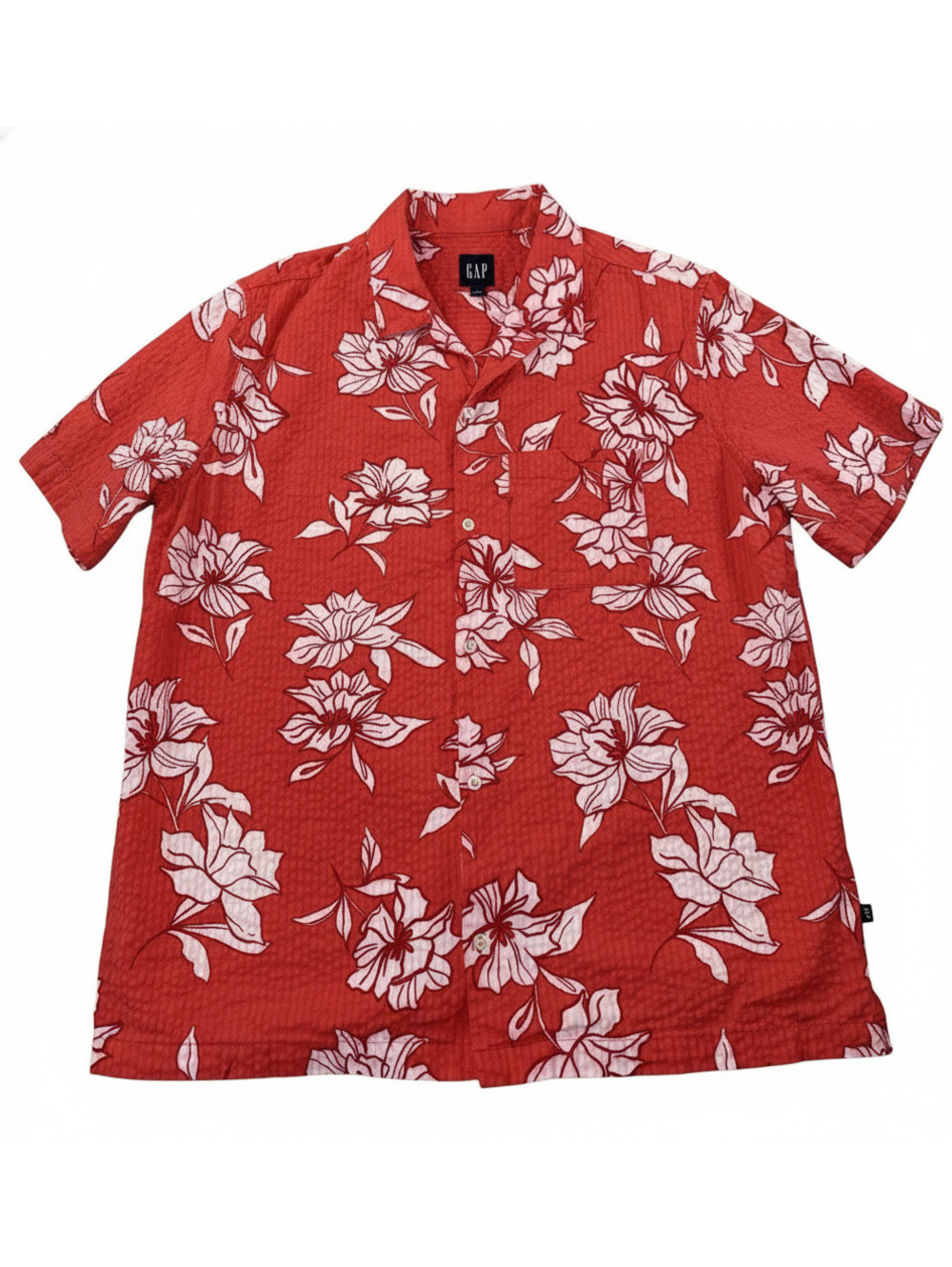Gap Mens Red Floral Hawaiian Shirt Short Sleeve Button-Up Size L SeerSucker